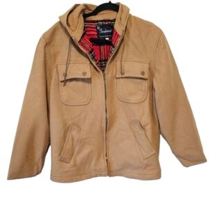 Shanhouse Vintage Men’s Hooded Jacket in Camel with Red Plaid Lining Size 40 Med